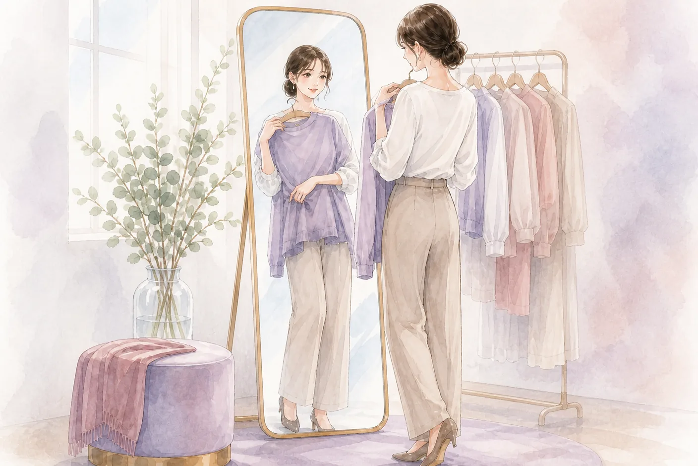 鏡の前で服のシルエットを確認する女性のイラスト