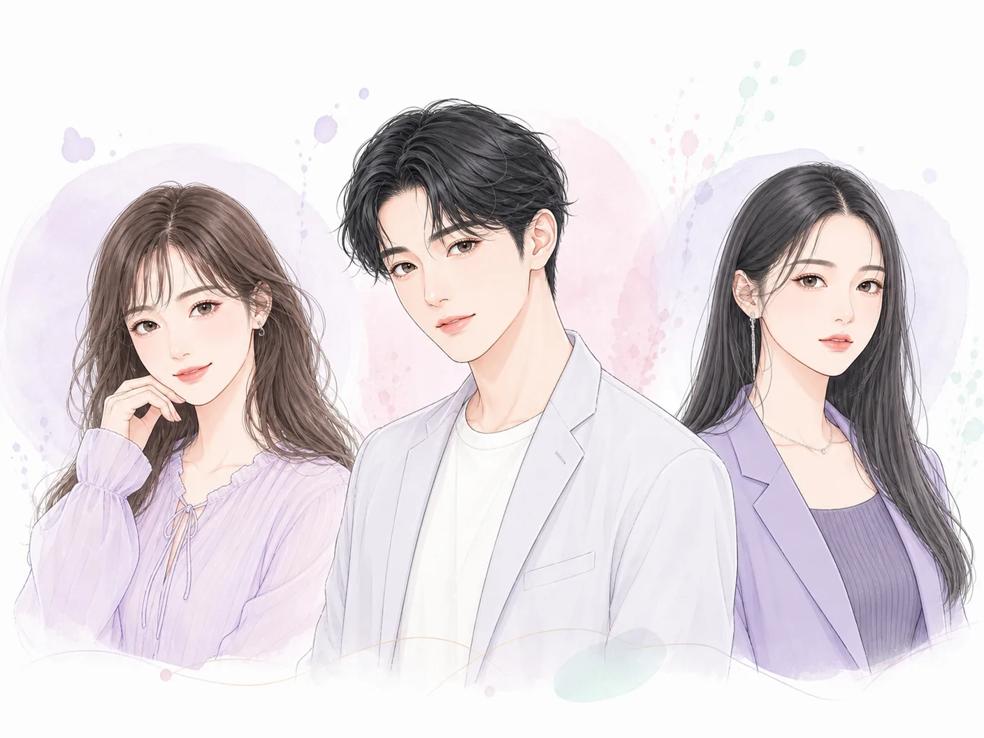 女性・男性・女性の有名人風人物を描いたイラスト