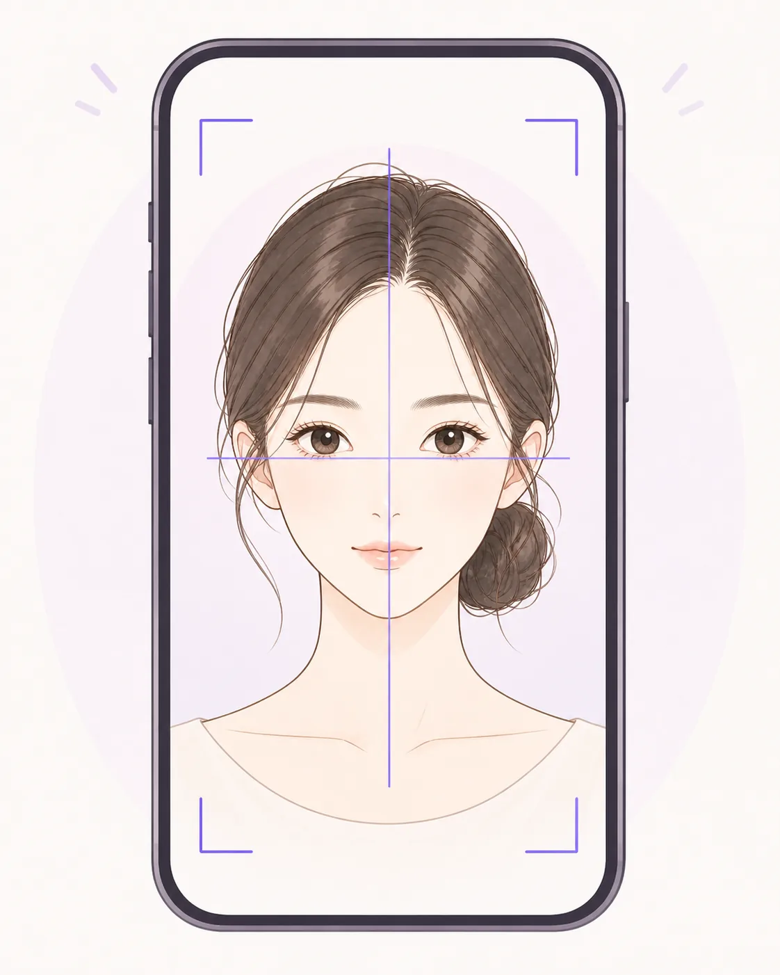 スマートフォンの撮影枠に正面を向いた女性を収めた顔写真の撮り方のイラスト