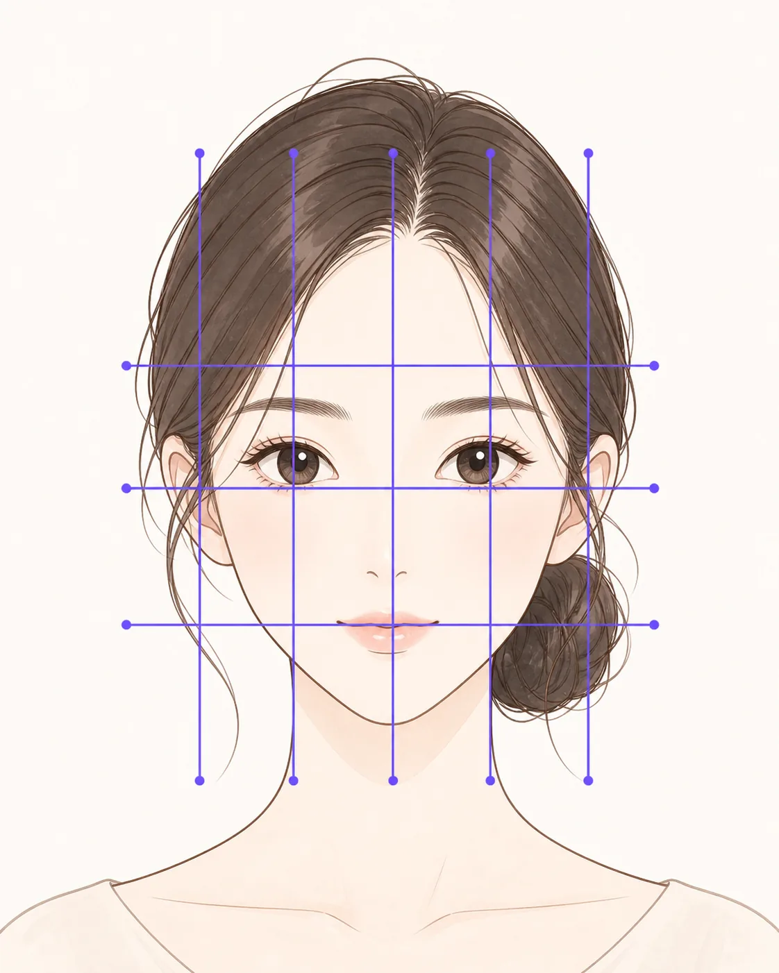 女性の正面顔に縦横の比率線を重ねた顔バランス分析のイラスト