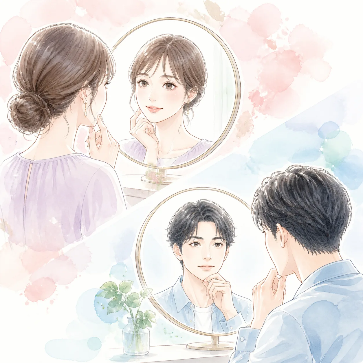 鏡を見ながら自分らしい印象を考える女性と男性のイラスト
