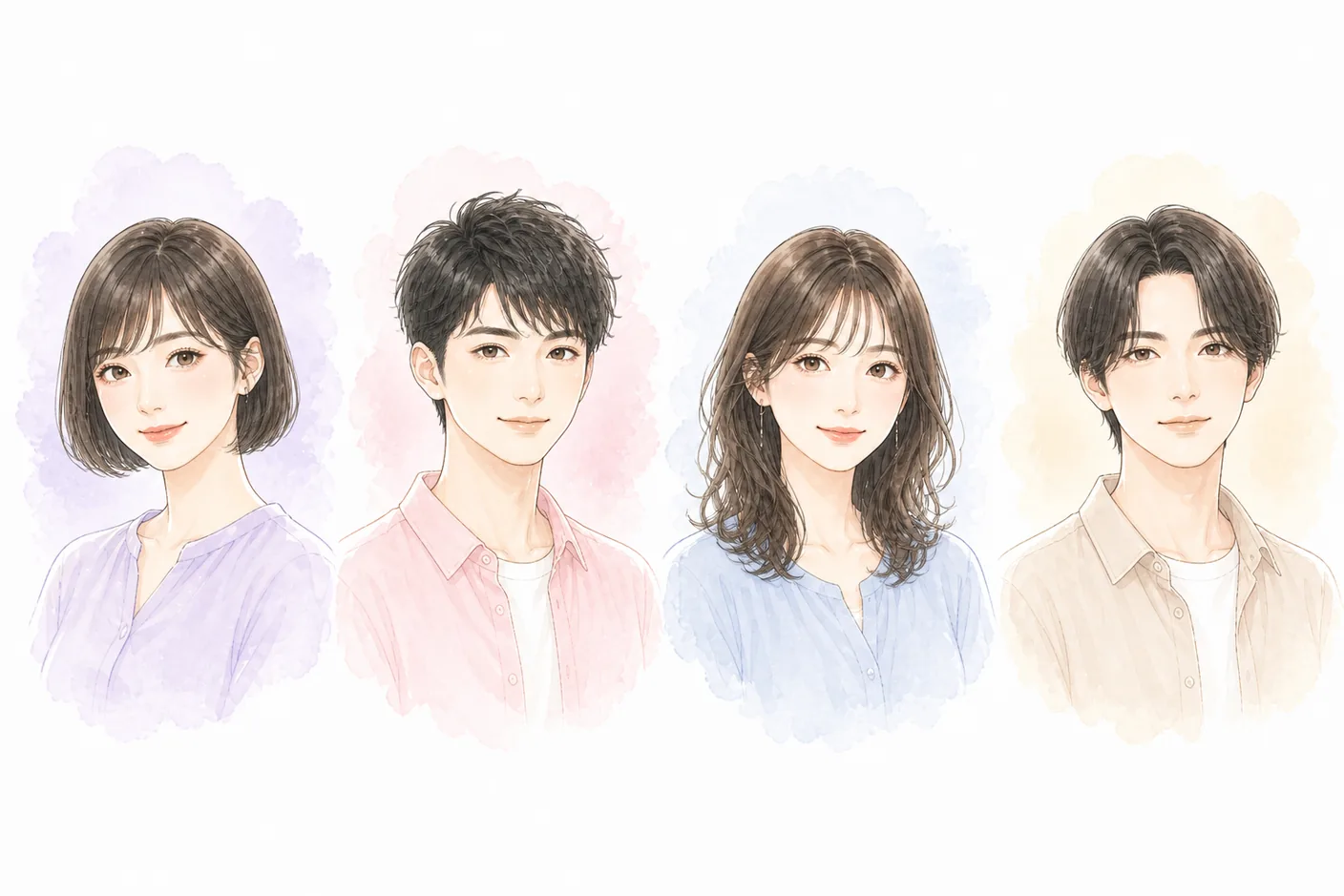 ショート・ボブ・ミディアム・センターパートの髪型をした女性2人と男性2人のイラスト
