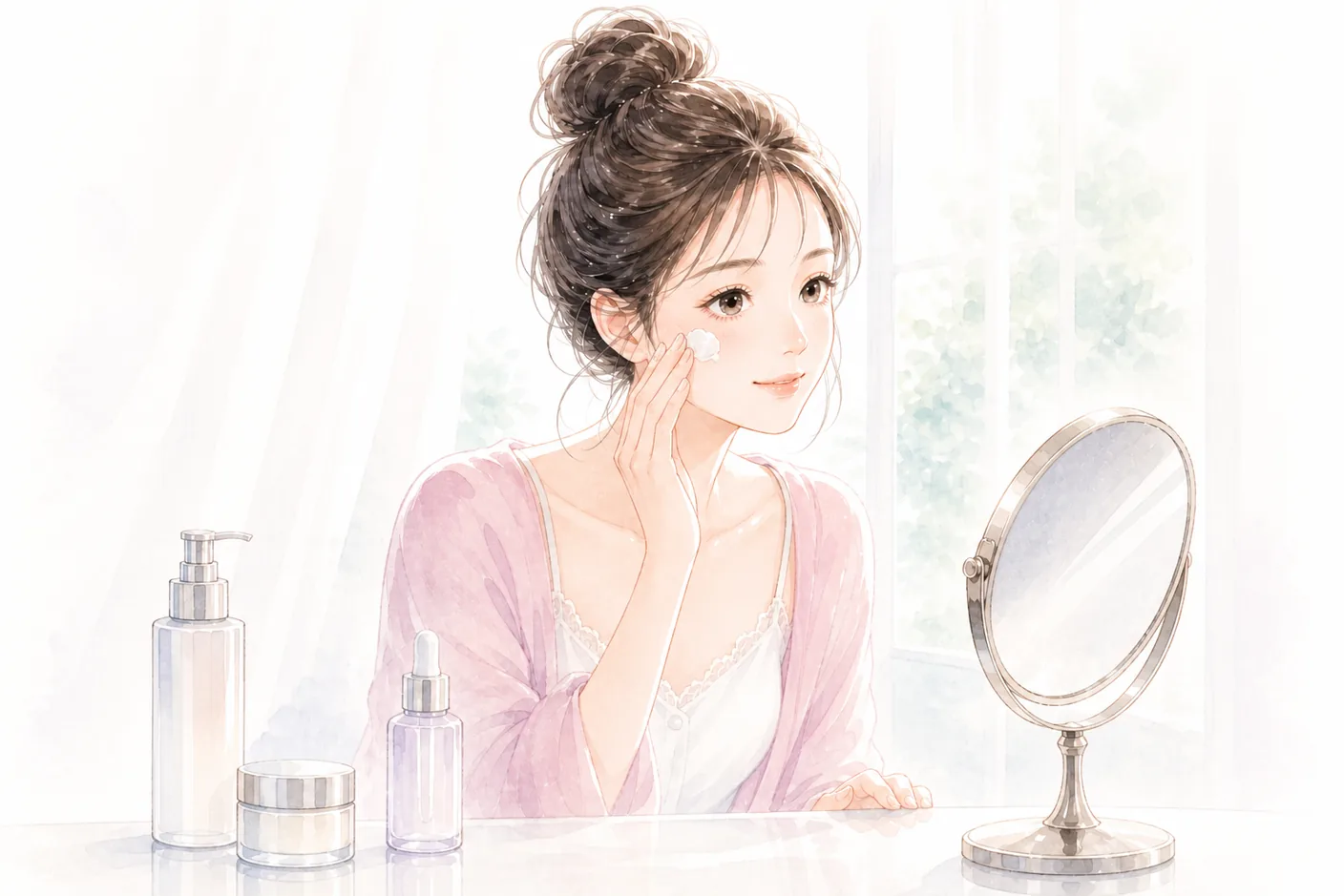 鏡の前で頬に保湿クリームを塗る女性とスキンケア用品のイラスト