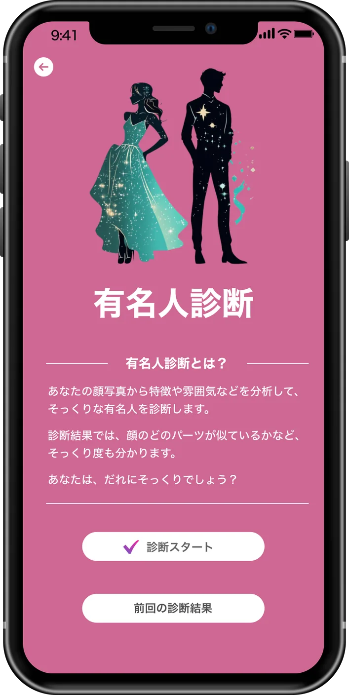 顔写真から特徴や雰囲気を分析し、似ている有名人とそっくり度を診断します。