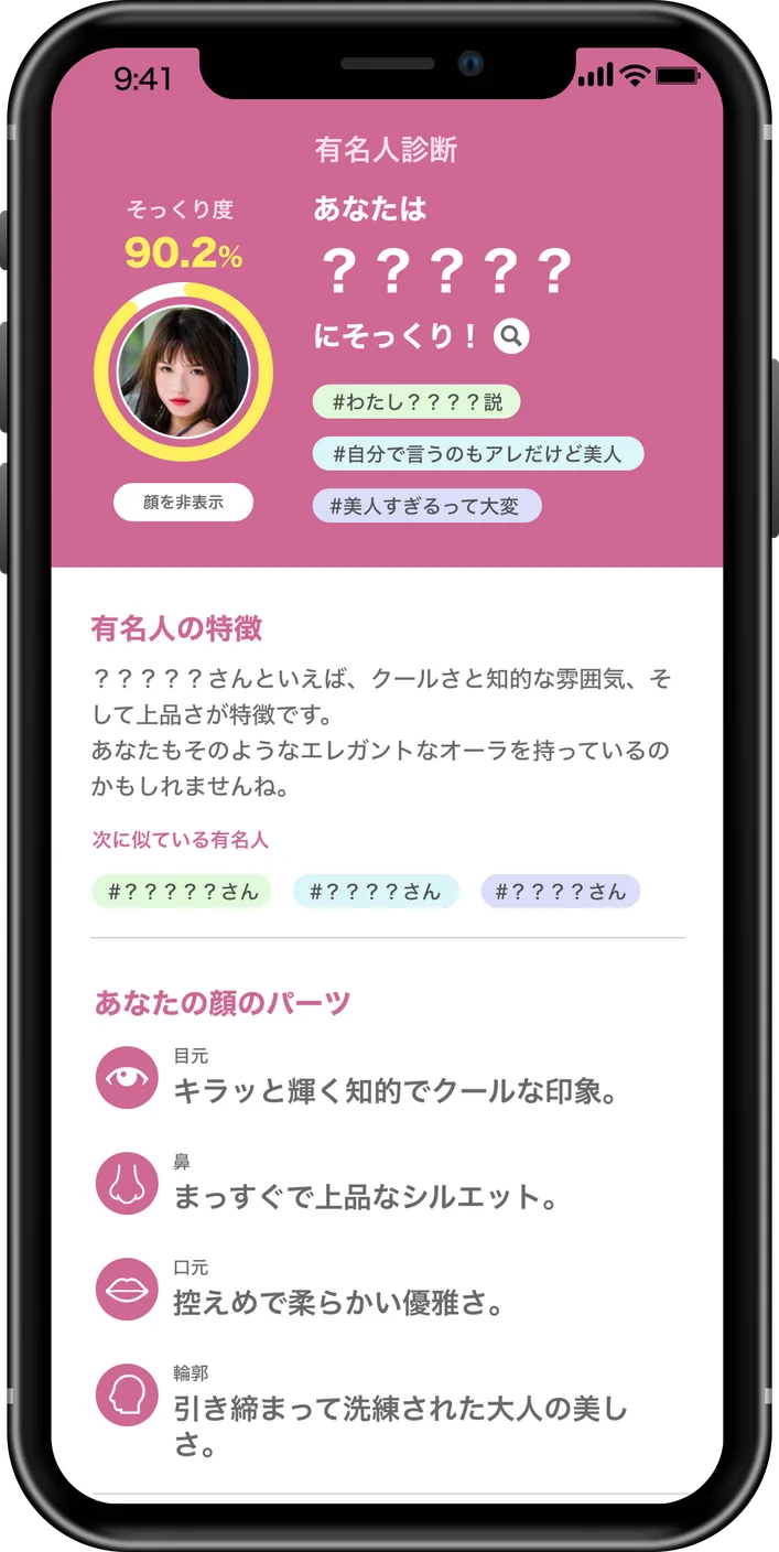 そっくり度、似ている有名人の候補、目元・鼻・口元・輪郭の特徴をまとめて表示します。