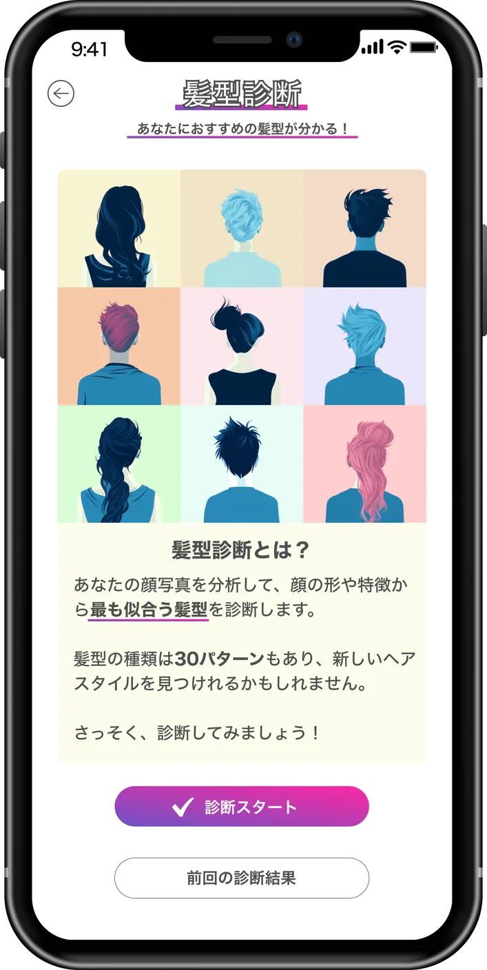 顔型や顔立ちの特徴をもとに、30パターンの中から似合いやすい髪型を探します。